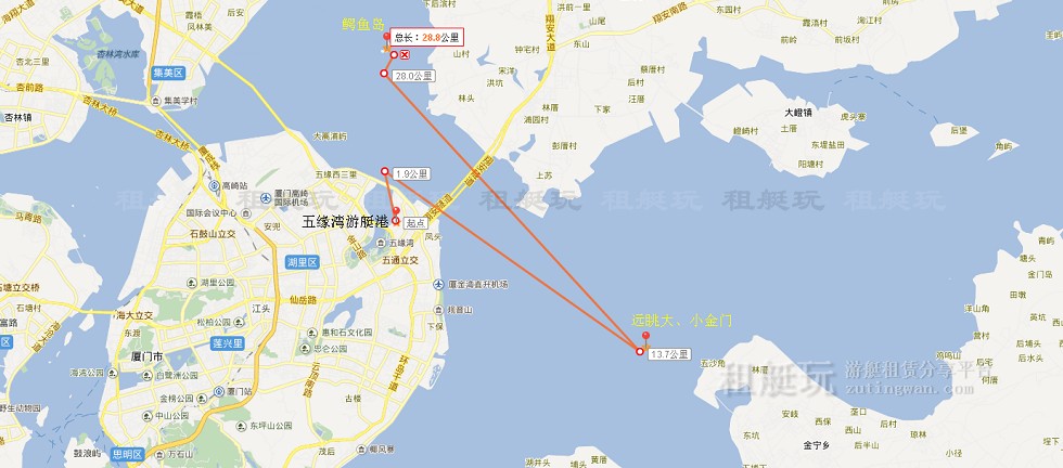 五緣灣游艇碼頭→大、小金門→鱷魚島→五緣灣游艇碼頭